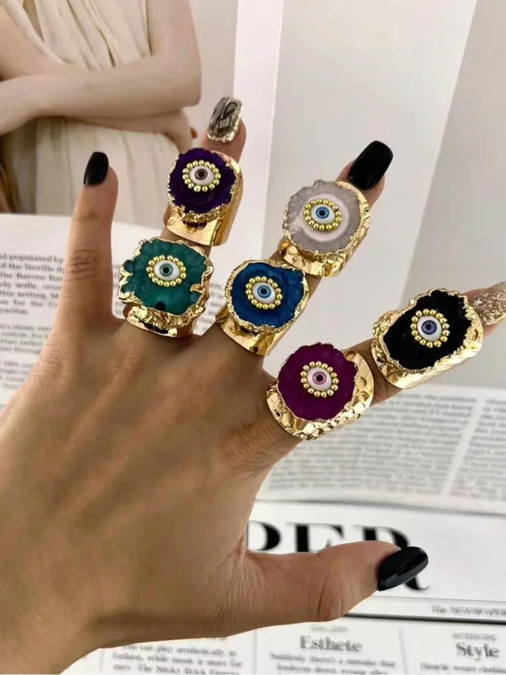 New! Gold-Plated Synthetic Geode Druzy Agate Blue Evil Eye Statement Ring